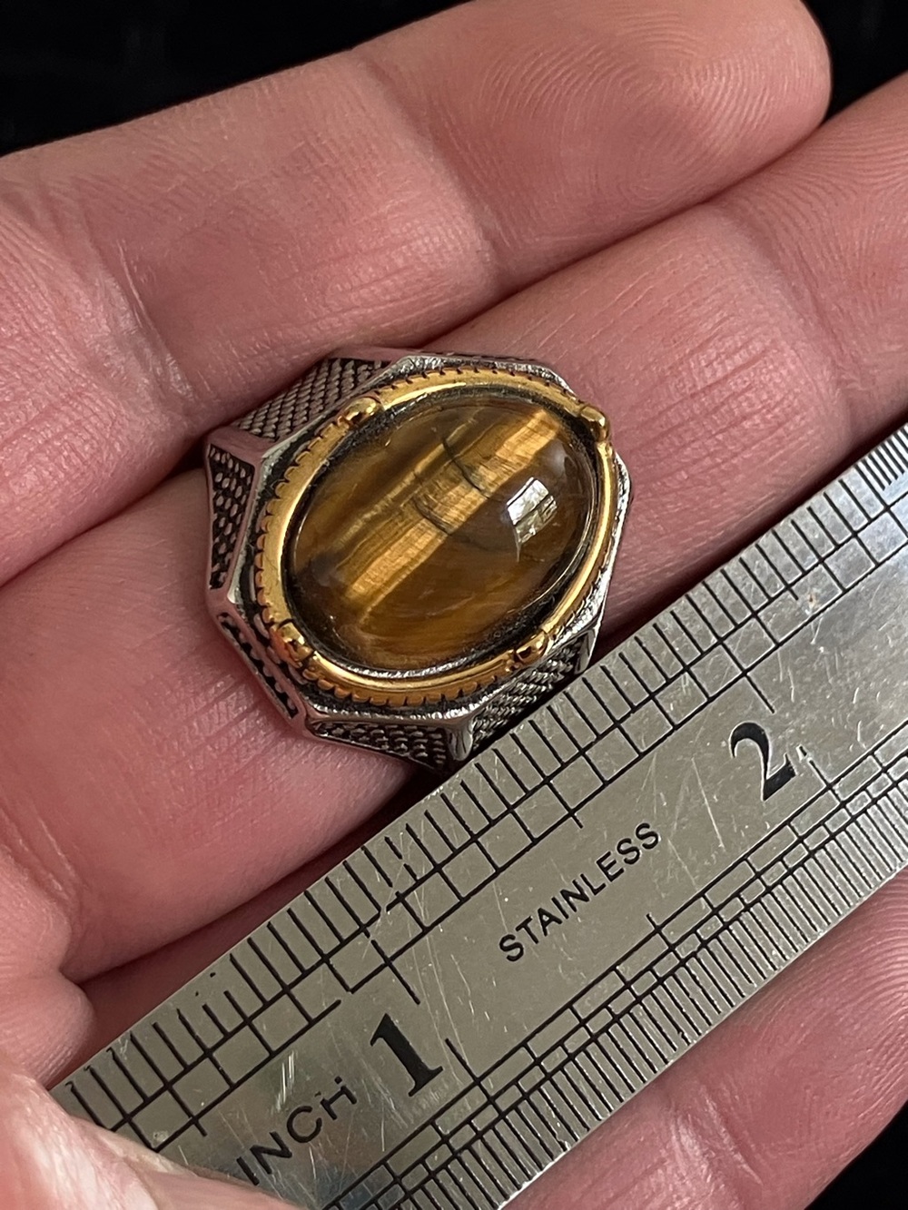 Men's Tiger's Eye Stone Signet Ring in Stainless Steel - Picture 6 of 7
